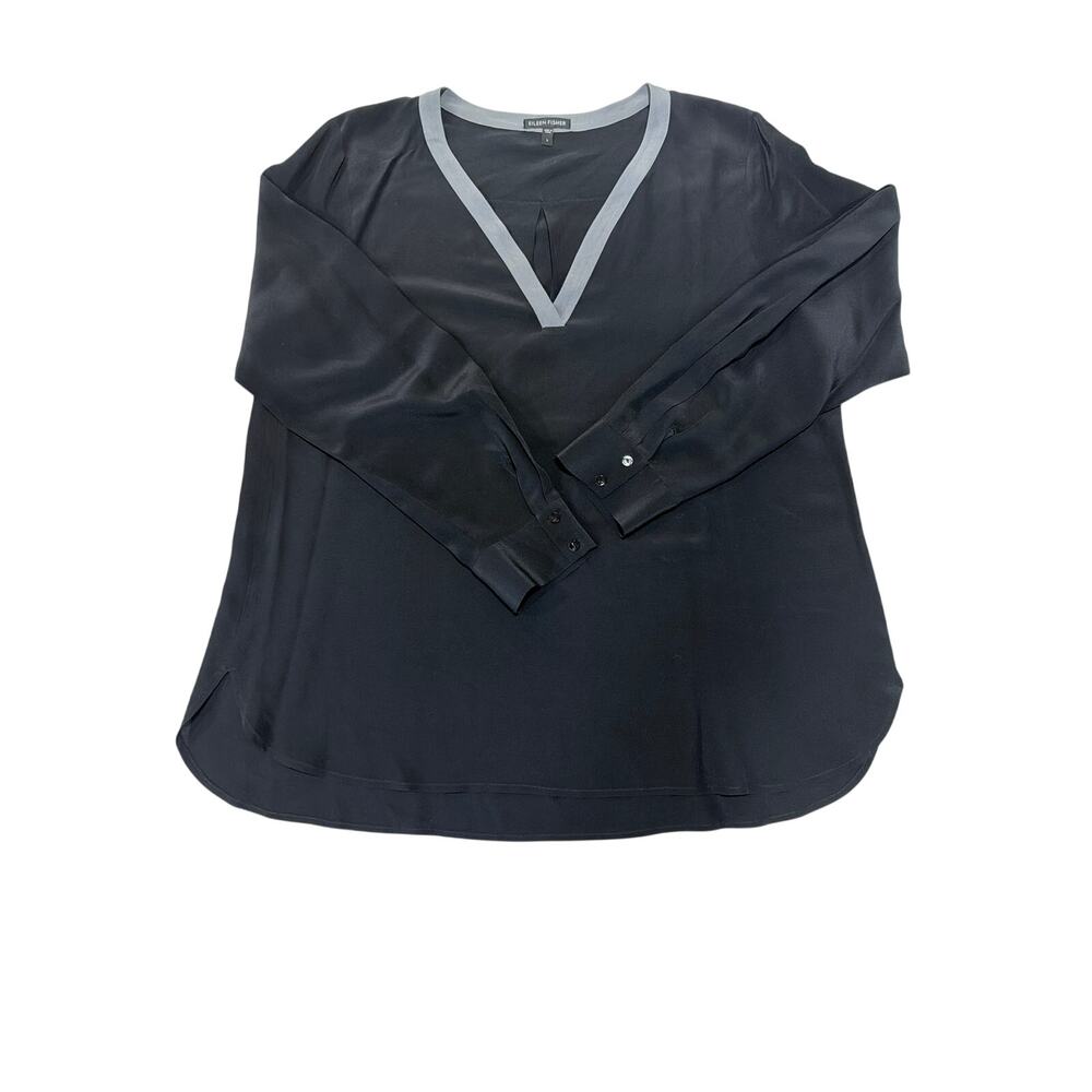 Eileen Fisher Black Blouse with Light Gray Trim